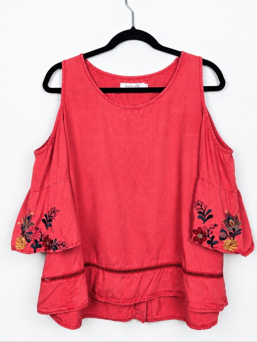 Billy T Size L Coral Embroidered Lyocell Cold Shoulder Boho Tunic Top